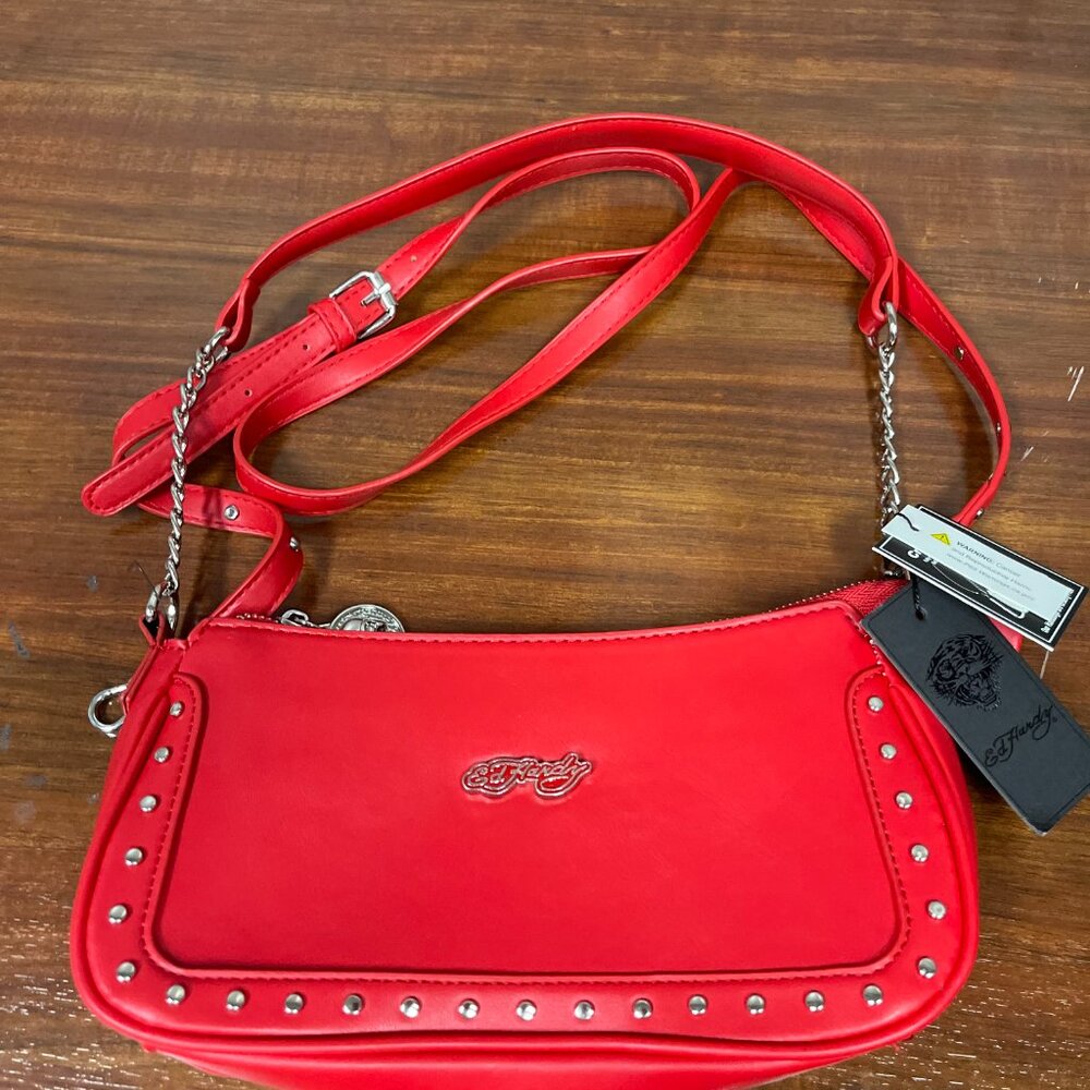 Ed Hardy Studded Shoulder Bag With Detachable Crossbody Strap in Red
